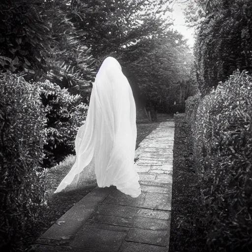 Prompt: gritty film photo of veiled figure walking through garden, black and white film photo, black and white picture, gain and film scratches, moody lighting, realistic, ultra fine details