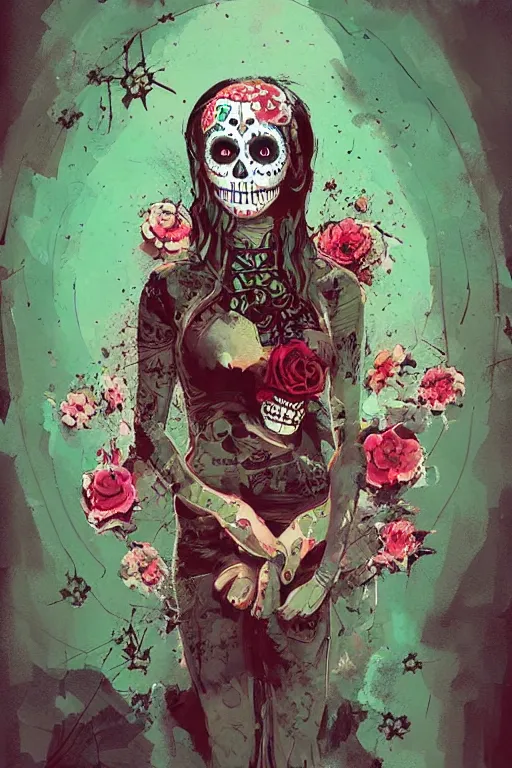 Image similar to Illustration of a sugar skull day of the dead girl, art by ismail inceoglu