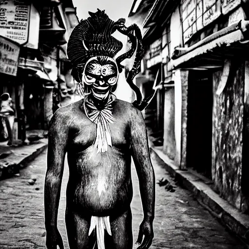 Prompt: nepali mythical demon Khyah, undressed, walking at night in the streets of kathmandu at night, holding a bowl emitting smoke, scary photo, eerie