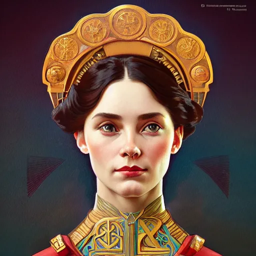 Prompt: a portrait of a female hero of the soviet union, full portrait, decorated with soviet motifs, intricate, elegant, highly detailed, symmetry, headpiece, digital painting, artstation concept art smooth sharp focus, illustration, art by artgerm and greg rutkowski alphonse mucha 8 k