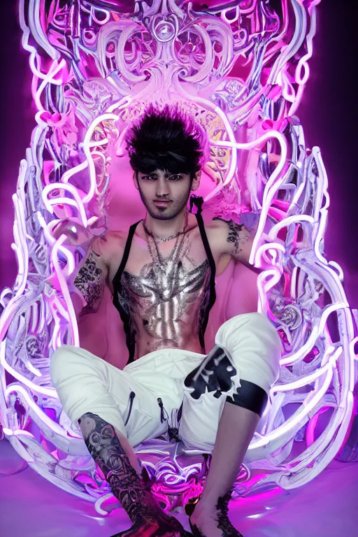 Prompt: full-body rococo and cyberpunk style neon statue of a muscular attractive Zayn Malik macho dotado e rico android sim roupa reclining con las piernas abertas e la piroca dura, glowing white lasers, glowing eyes, silver prince crown, black gears, pink diamonds, swirling orange-colored silk fabric. futuristic elements. ethereal white dripping tar. full-length view. human skulls. large pink balloon animals. intricate artwork by caravaggio. Trending on artstation, octane render, cinematic lighting from the right, hyper realism, octane render, 8k, depth of field, 3D