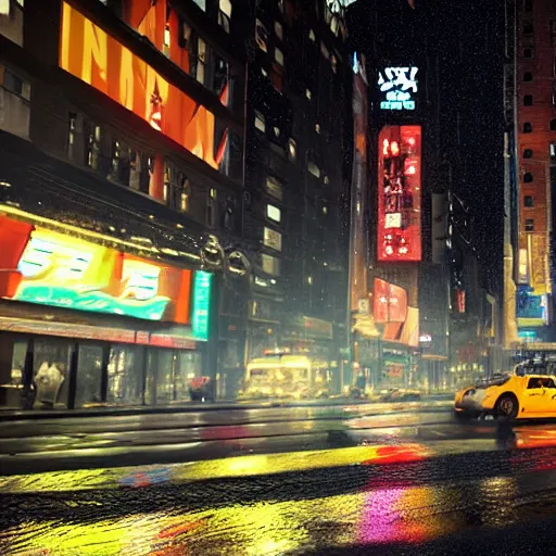 Prompt: « a man walking in a night raining streets, new york, big city, taxi, cars, shops one the side with neons, digital art, highly detailed, photorealistic, unreal engine 5, back view »