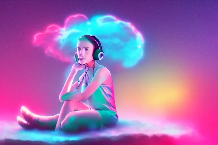 Prompt: a cute girl wearing headphones sitting on a cloud relaxing, misty, glows, digital art, hazy, foggy, ambient lighting, 8 k, neon, synthwave,