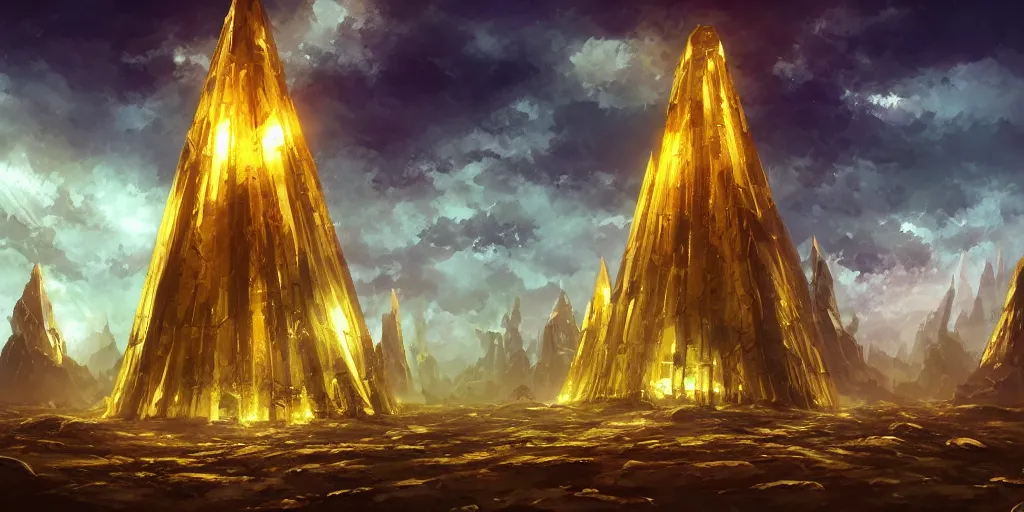Prompt: giant gold obelisks, ultrawide shot of obsidian landscape, concept art, anato finnstark style,
