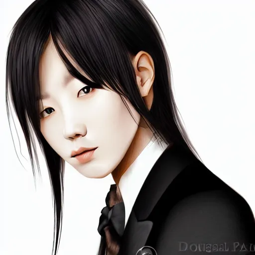 Image similar to portrait of a beautiful korean girl wearing a men's tuxedo, with long hair and bangs, angular features, angry expression, digital art, elegant pose, detailed illustration