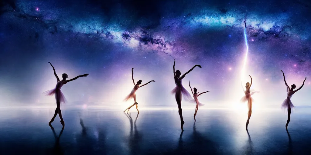 Image similar to epic FX shot of etheral celestial ballet dancers on the milky way, dynamic shot, a sense of mouvement, cinematic angle and lighting, dust particles, volumetric lighting, breathtaking, beautiful composition, intricate, elegant, digital art, detailed, hyperrealistic, sharp focus,