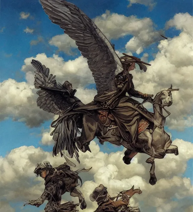Image similar to cloudy day, three silhouettes riding a giant pigeon in the sky, in the distance, 1 9 7 0 s, intricate, moody, tasteful, intimate, highly detailed, short focus depth, artgerm, donato giancola, joseph christian leyendecker