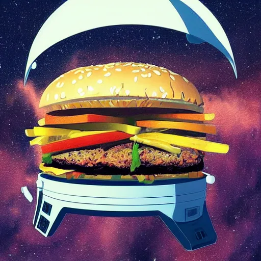 Image similar to a humanoid chicken!!!!! astronaut eating a burger while floating inside of a space station, golden ratio!!!!!, centered!!!!!, trending on artstation, cgsociety contest winner, 4 k quality, digital art, anime style, studio ghibli!!!!!