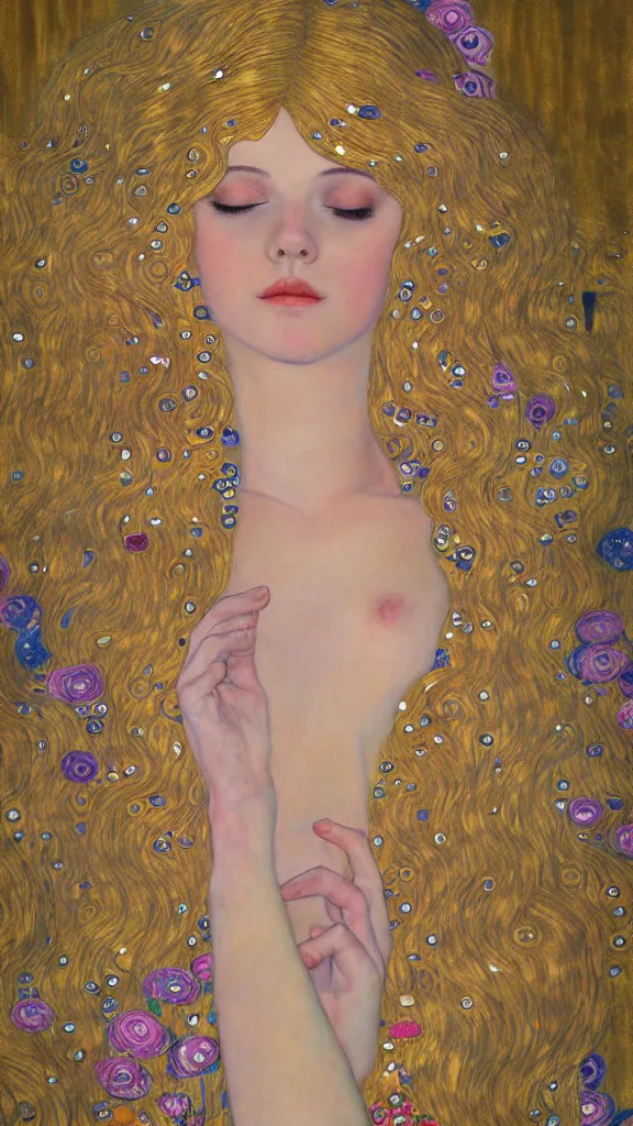 Image similar to a soft and breathtaking detailed painting of a full body sleeping blonde princess in the style of gustav klimt, blonde hair, shiny gold, elegant, highly detailed, artstation, fluo colors, concept art, matte, sharp focus, art by gustav klimt