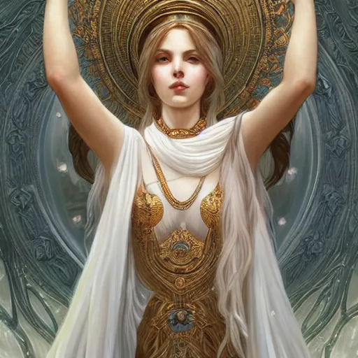 Image similar to goddess, white hair, long hair, hands open for a hug, intricate, elegant, ethereal, highly detailed, digital painting, artstation, concept art, smooth, sharp focus, illustration, art by artgerm and greg rutkowski and alphonse mucha