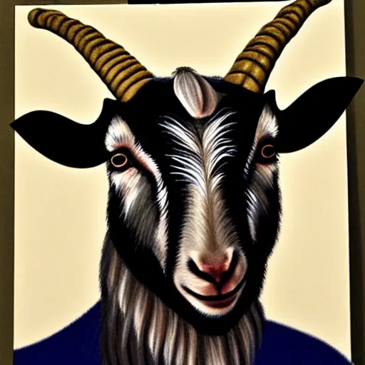 Image similar to detailed portrait of vladimir putin in the form of a goat with a pentagram on the background