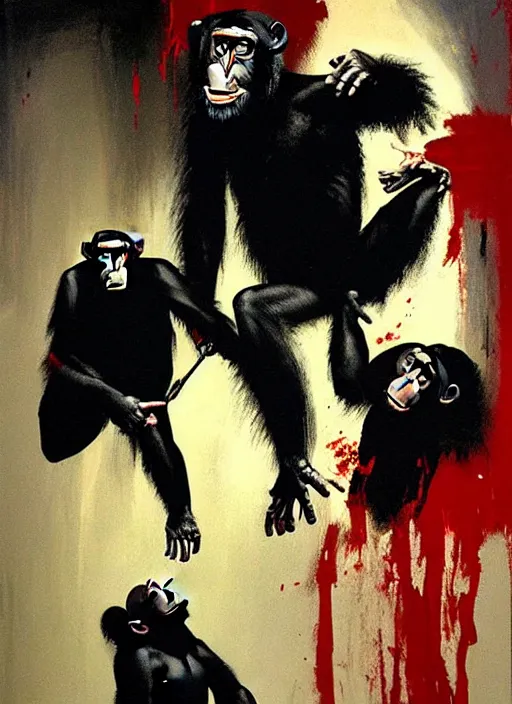 Prompt: chimpanzee raging, screaming, blood flying, screaming, on the house set of a sitcom, painting by phil hale, fransico goya, david lynch,'action lines '!!!, graphic style, visible brushstrokes, motion blur, blurry