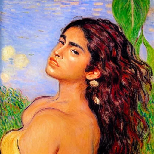 Image similar to beautiful tan latina woman, landscape, prominent rosy cheek bones, black hair and brown eyes, monet and da vinchi art style,