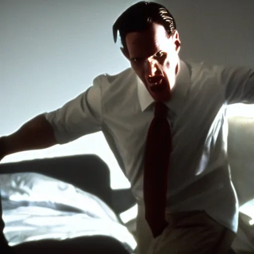 Image similar to an angel as the american psycho, cinematic still