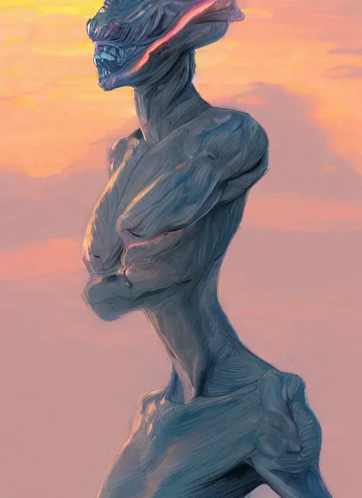 Image similar to semi reallistic gouache gesture painting, by Moebius, online artists, detailed anime 3d render of a reptilian alien on San Francisco Beach, at sunset, portrait, cgsociety, artstation, rococo mechanical, Digital reality, dieselpunk atmosphere, gesture drawn