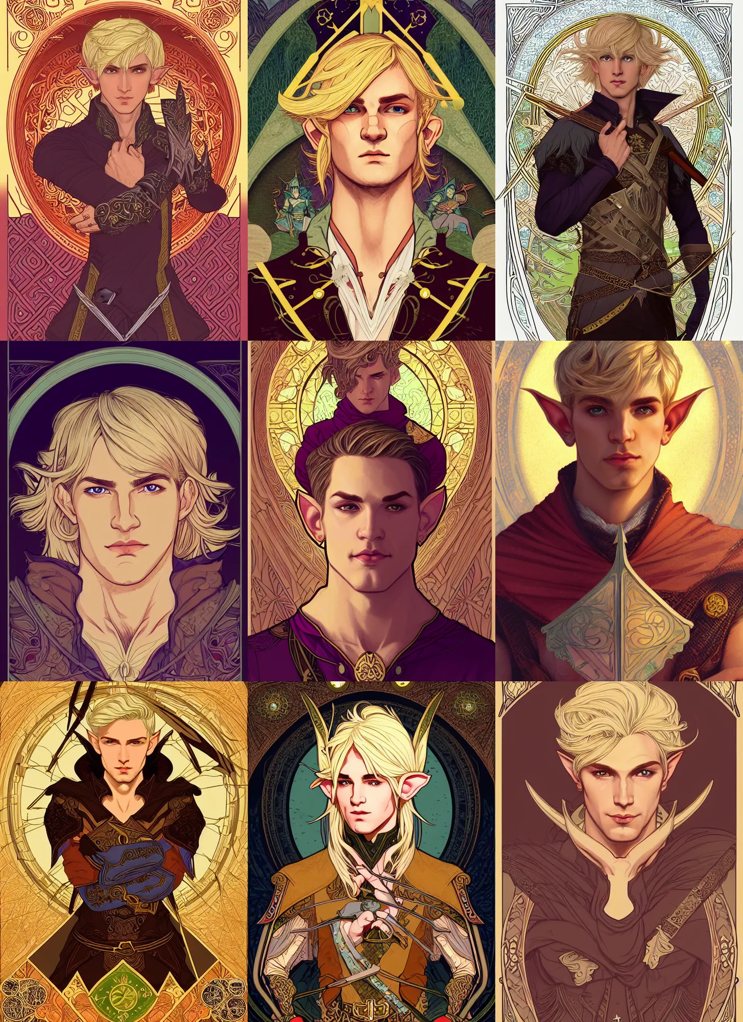 Prompt: centered portrait, male D&D Elf Ranger, blonde hair, Art Nouveau, tarot card background, retro Fantasy hero 1985, intricate, elegant, highly detailed, centered, digital painting, trending on artstation, concept art, smooth, sharp focus, illustration, art by Mucha, Ilya Kuvshinov, WLOP