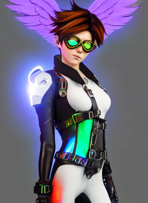 Image similar to portrait bust digital artwork of tracer overwatch, wearing iridescent rainbow latex and leather straps catsuit outfit, 4 k, expressive happy whistling face, makeup, in style of mark arian, angel wings, wearing detailed leather collar, chains, black leather harness, detailed face and eyes,