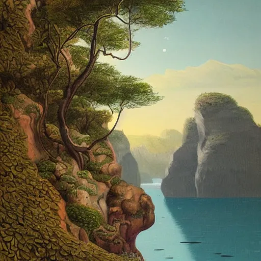 Image similar to painting of a lush natural scene on an alien planet by gerardo dottori. extremely detailed. futurism. beautiful landscape. weird vegetation. cliffs and water.