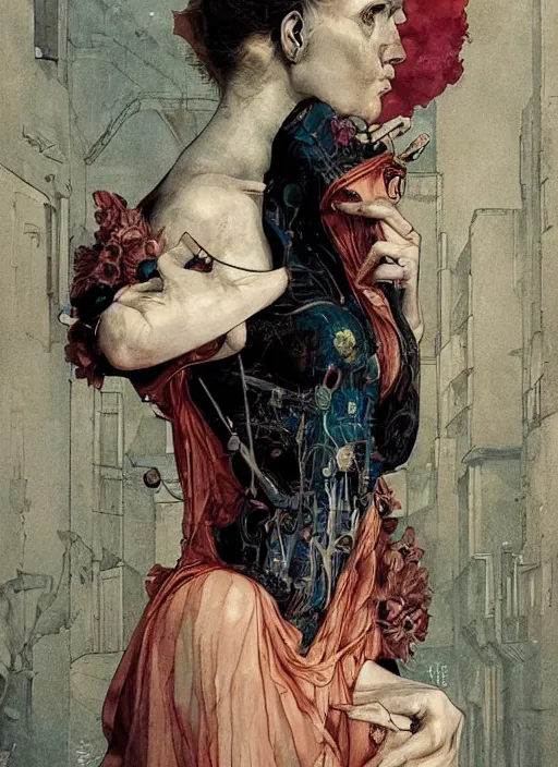 Image similar to marie curie, eun emerging from renaissance italy into a cyberpunk mutiversal realm by conrad roset, nicola samuri, dino valls, m. w. kaluta, jakub rebelka, rule of thirds, seductive look, beautiful