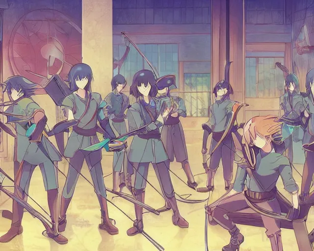 Image similar to cell shaded anime key visual of a group apprentice wizards training in an archery dojo in the style of studio ghibli, moebius, ayami kojima, makoto shinkai, dramatic lighting, clean lines