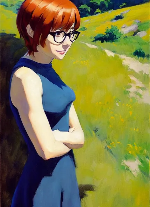 Image similar to Greg Manchess painting of Velma Dinkley, anime style, countryside, calm, fantasy character portrait, dark outlines, dynamic pose, above view, sunny day, artwork by Makoto Shinkai, very coherent asymmetrical artwork, sharp edges, perfect face, simple form, 100mm