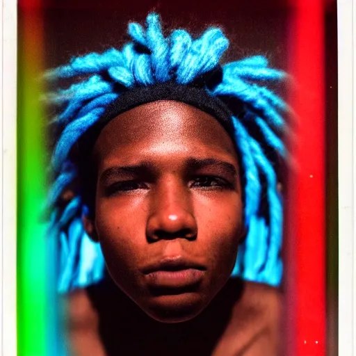 Image similar to a black boy with colored dread, in dark room, flash, polaroid effect, 4 k, high resolution