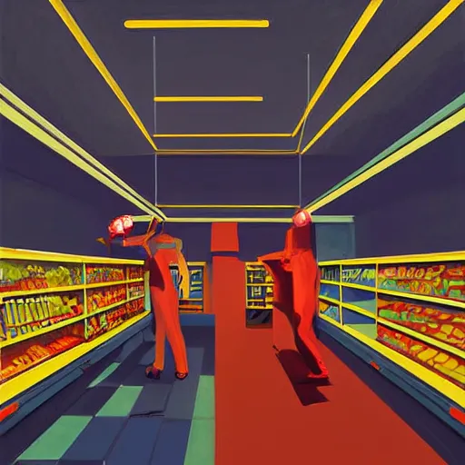 Image similar to red people with clouds at yellow blue art deco empty grocery store, open ceiling, highly detailed, painted by Francis Bacon and Edward Hopper, painted by James Gilleard, surrealism, airbrush, art by James Jean