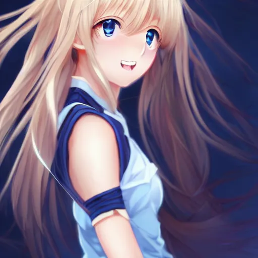 Image similar to a very beautiful anime cute girl, full body, long wavy blond hair, sky blue eyes, full round face, short smile, fancy top, miniskirt, front view, medium shot, mid-shot, highly detailed, cinematic wallpaper by Stanley Artgerm Lau