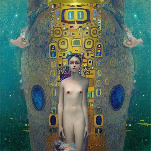 Image similar to portrait of a surreal goddess floating in front of a futuristic ancient Atlantis, painting by Gustav Klimt and Greg Rutkowski