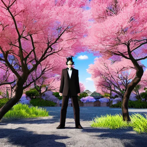 Image similar to ultrawide photo of goku wearing tuxedo standing in front of sakura trees, highly detailed, 8 k