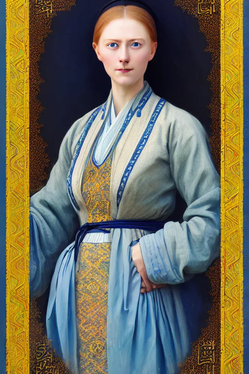 Image similar to portrait of a beautiful nordic woman, blue eyes, wearing a turkish traditional dress in istanbul on 1 9 0 0 s, extremely detailed digital painting, in the style of fenghua zhong and ruan jia and jeremy lipking and peter mohrbacher, mystical colors, rim light, beautiful lighting, 8 k, stunning scene, raytracing, octane, trending on artstation