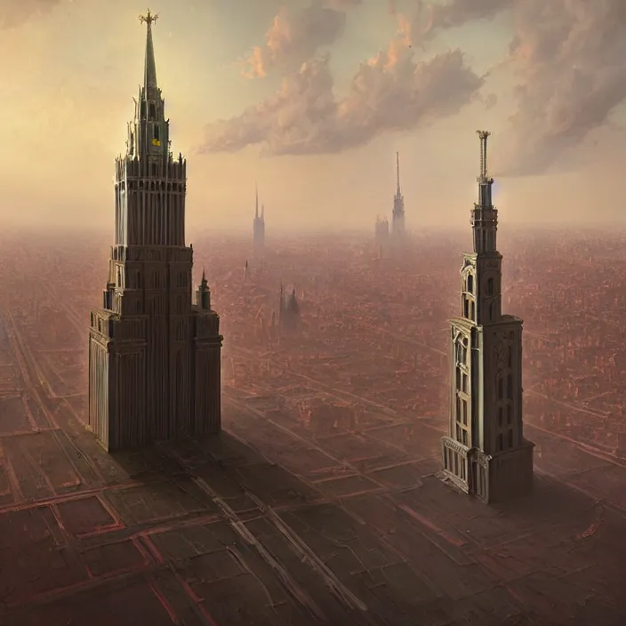 Image similar to matte painting by marc simonetti, jonathan solter, greg rutkowski of a moscow state university building, masterpiece, cinematic, hyperdetailed, photorealistic, hyperrealism, architecture, aerial view,