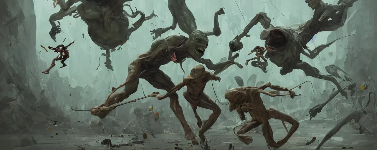 Prompt: duotone olive green grey illustration 3 / 4 portrait of gollum kun fu fighting with giant insects. dynamic chaotic composition accidental renaissance golden ratio. by sachin teng and sergey kolesov and ruan jia and heng z. graffiti art, scifi, fantasy, hyper detailed. octane render. concept art. trending on artstation