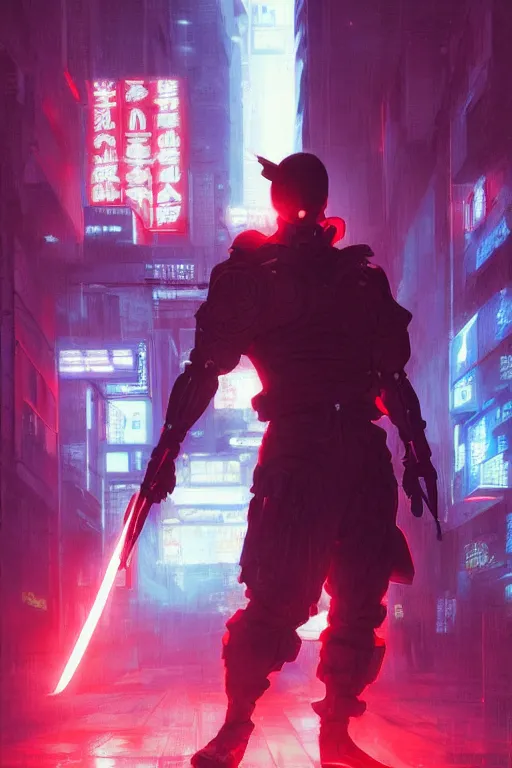 Image similar to portrait of ninja slayer, japan, in cyberpunk, neon lighting, night city, digital art from artstation by Ruan Jia and Mandy Jurgens and Artgerm and william-adolphe bouguereau and Greg Rutkowski