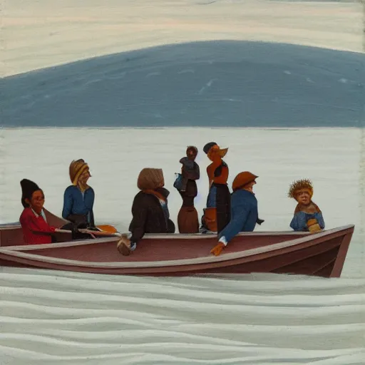 Image similar to by lawren harris monumental, washed - out. the sculpture of a group of well - dressed women & children enjoying a leisurely boat ride on a calm day. the women are chatting & laughing while the children play with a toy boat in the foreground.