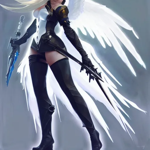 Image similar to greg manchess painting of a 2 yorha type a no. 2 as mercy from overwatch!! in a battlefield fighting, white long hair, large white wings, organic painting, trending on artstation, by huang guangjian and gil elvgren and sachin teng