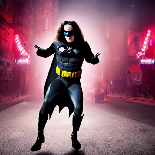 Prompt: A movie still of Weird Al Yankovic as Batman, dynamic lighting, 8k, Heroic Pose, 2022 picture of the year