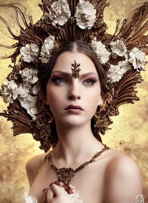 Image similar to expressive full body photo of a female model as beautiful angel, ornate headpiece made from flowers, ivory, ornaments, glamour shot, by karol bak, by stefan gesell, octane render, unreal engine, photorealistic, canon r 3, fashion photography, painted studio backdrop, environmental portrait, dark fantasy, dark beauty, magazine, symmetrical features