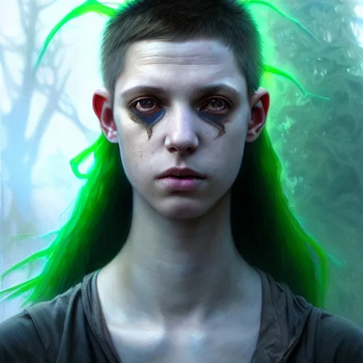 Image similar to portrait painting of a post - apocalyptic bald androgynous teenager with white eyes and a green aura around his head, ultra realistic, concept art, intricate details, eerie, highly detailed, photorealistic, octane render, 8 k, unreal engine. art by artgerm and greg rutkowski and charlie bowater and magali villeneuve and alphonse mucha