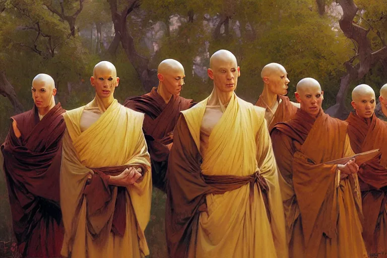 Prompt: bald monks from the last airbender, painting by gaston bussiere, craig mullins, j. c. leyendecker