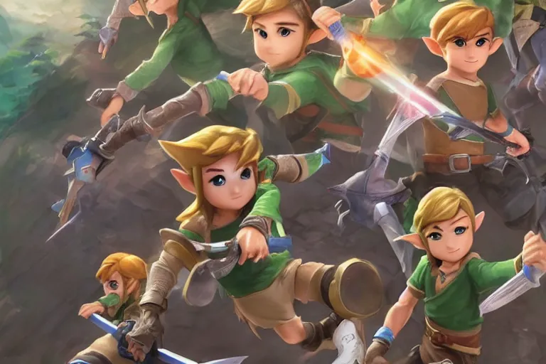 Image similar to surprised Link points at toon Link which points at young Link, all standing in a circle, made by Stanley Artgerm Lau, WLOP, Rossdraws, ArtStation, CGSociety, concept art, cgsociety, octane render, trending on artstation, artstationHD, artstationHQ, unreal engine, 4k, 8k,