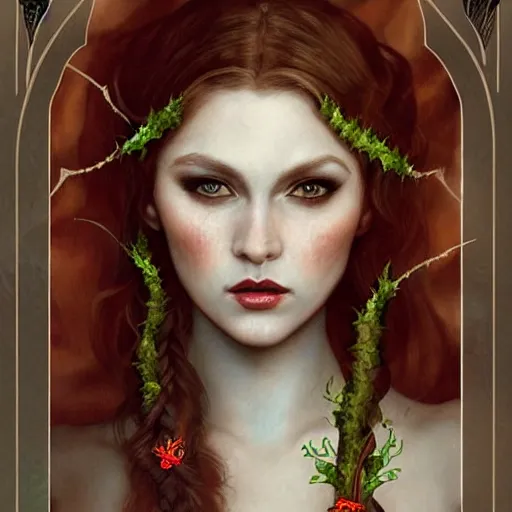 Prompt: a stunning tarot card of a beautiful poison ivy as an elf queen with hair tied in a braid, dark eyeliner, intricate, elegant, highly detailed, digital painting, artstation, concept art, sharp focus, illustration, art by john collier and albert aublet and krenz cushart and artem demura and alphonse mucha