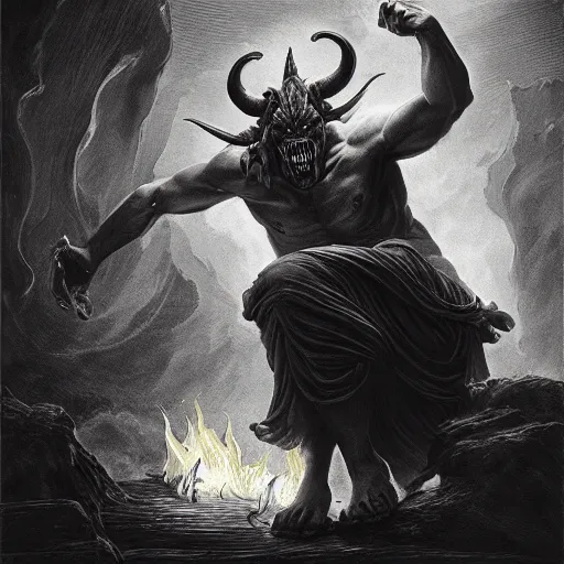 Image similar to full body, grayscale, muscled humanoid balrog demon, horns, claws, large horned tail, heroic pose, flames, fire, tarot, Gustave Dore, Greg Rutkowski,