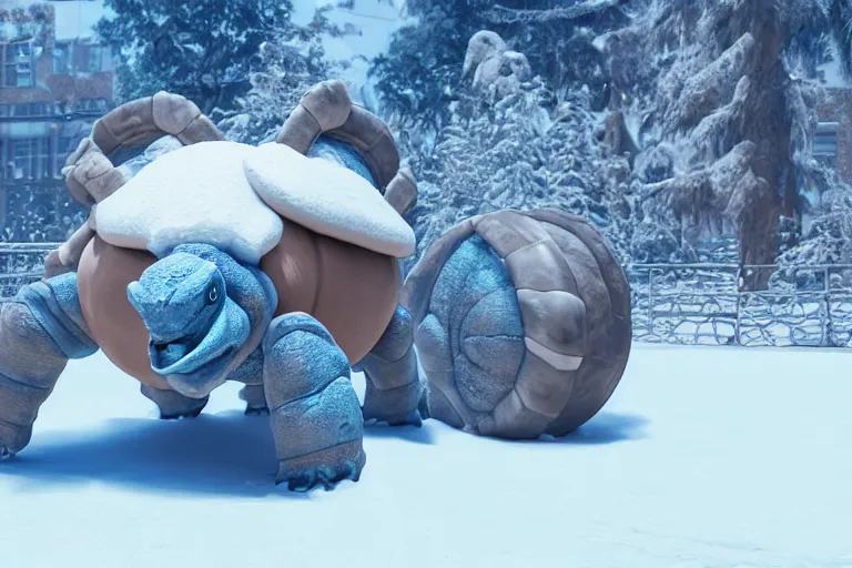 Image similar to highly realistic 3 d rendering of blastoise covered in snow and ice, unreal engine 5, volumetric lighting