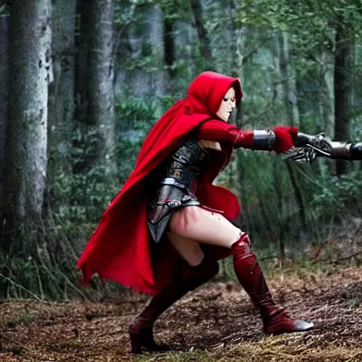Prompt: red riding hood female warrior fending off a werewolf