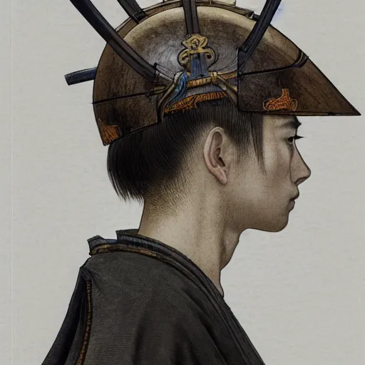 Image similar to side portrait of a young samurai warrior, samurai helmet, headshot, hyper realistic, pale skin, 4k, rule of thirds, extreme detail, detailed drawing, trending artstation, hd, fantasy, D&D, realistic lighting, by Alphonse Mucha, Greg Rutkowski, sharp focus, backlit, elegant