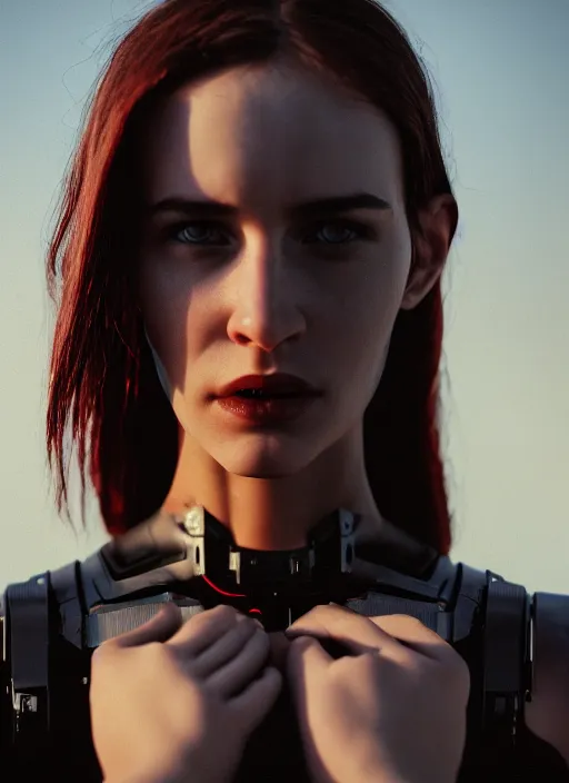 Image similar to cinestill 5 0 d photographic portrait of two sultry loving female androids wearing rugged black techwear on a desolate plain with a red sky, extreme closeup, cyberpunk style, garters, dust storm, 8 k, hd, high resolution, 3 5 mm, f / 3 2, ultra realistic faces, ex machina