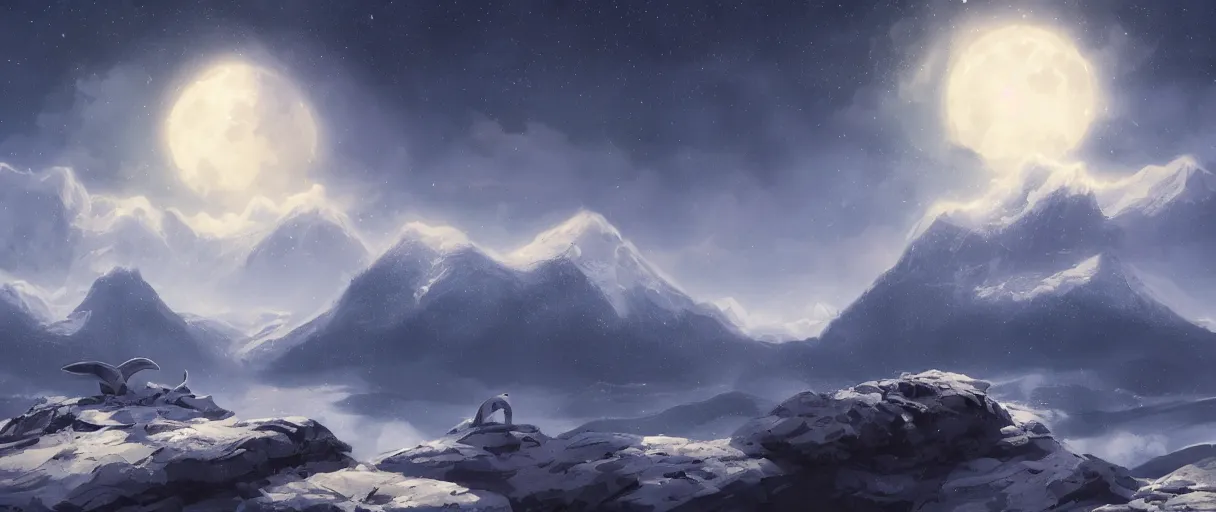 Prompt: snowy mountain range, stars in sky, whales flying in clouds, digital painting, concept art, high detail, style of Jordan Grimmer, fluffy calm clouds, matte painting, high res, moon shine, volumetric, starry sky