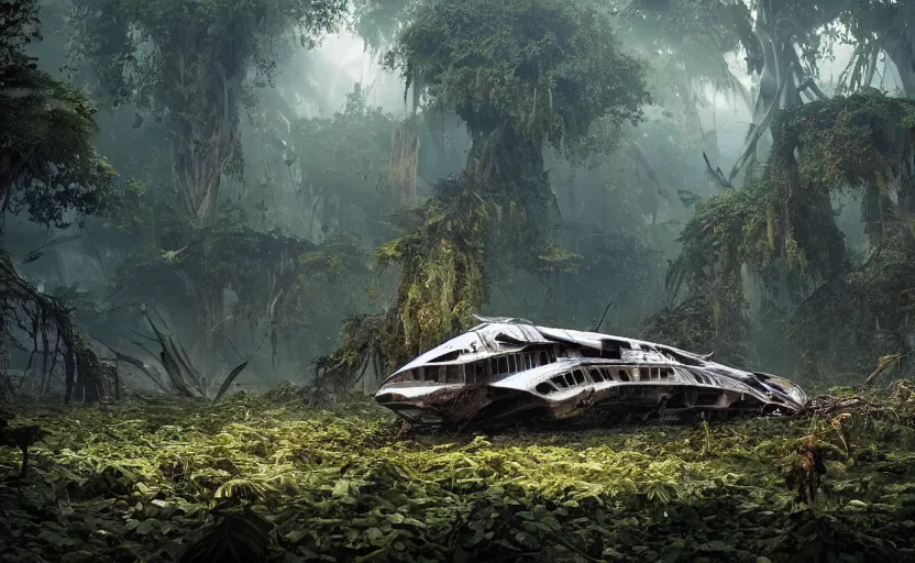 Prompt: a giant derelict metallic symmetrical spaceship crashed in a dense rainforest and broken into pieces, covered with vines, tribal people nearby, foggy atmosphere, sharp details, photorealistic, octane render, god rays, cinematic lighting, immense scale