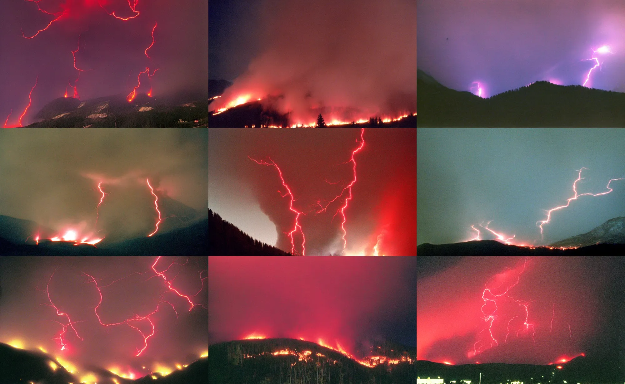 Prompt: thousands of red lightning strike the mountain, causing a fire, night, 1998 photo